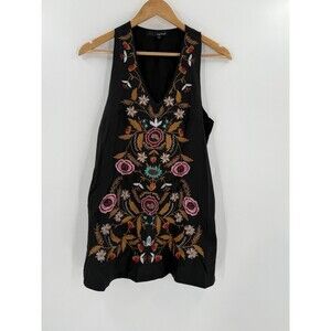 Linjia Top Mini Dress Size SMALL Black Floral Embroidered V-neck Boho Easy Wear